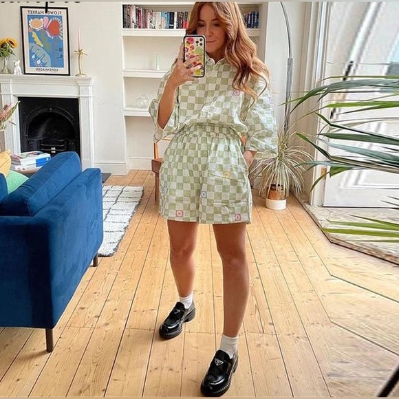 ASOS Other - Light green checkered, flower spring, 2-piece button and short sleeve shorts set